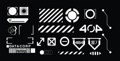 Cyberpunk decals set. Set of vector stickers and labels in futuristic style. Inscriptions and symbols, Japanese hieroglyphs for danger, attention, AI controlled, high voltage, warning. - obrazy, fototapety, plakaty