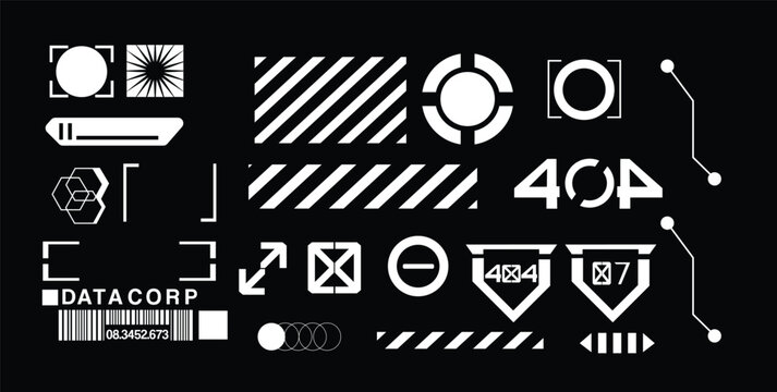 Cyberpunk decals set. Set of vector stickers and labels in futuristic style. Inscriptions and symbols, Japanese hieroglyphs for danger, attention, AI controlled, high voltage, warning.
