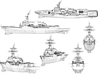 Sketch vector illustration of a sea ship with combat war weapons ready to fire for battle