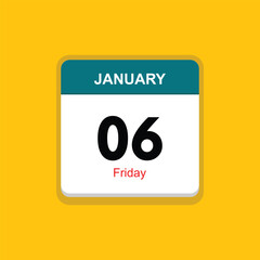 friday 06 january icon with yellow background, calender icon