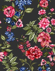 Watercolor flowers pattern, red and blue tropical elements, green leaves, gray background, seamless