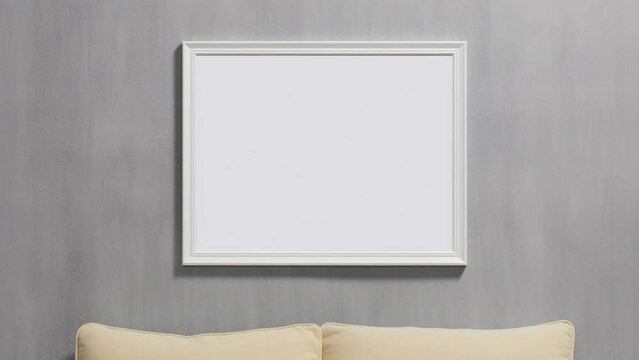 Frame by frame 3D animation interior living room. Empty white frame for art on wall. Elegant furniture in the interior