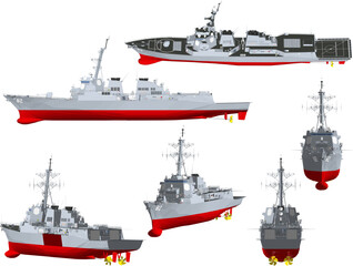 Sketch vector illustration of a sea ship with combat war weapons ready to fire for battle