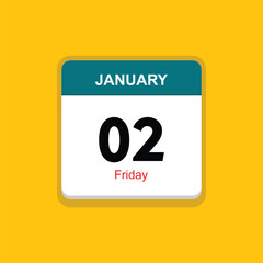 friday 02 january icon with yellow background, calender icon