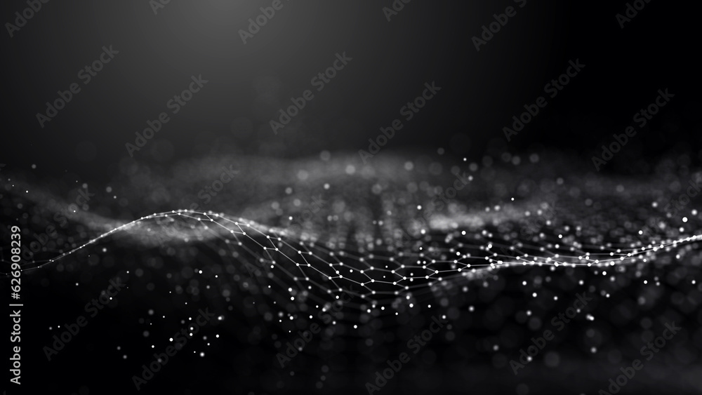 Poster white abstract background grid of interlacing lines and dots on a dark background. structure of netw