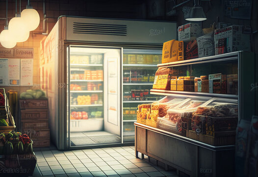 Minimarket with products on the shelves. AI Generated