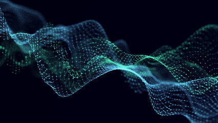 Abstract digital data background. Wave with moving dots. Musical stream of sounds. 3D rendering.