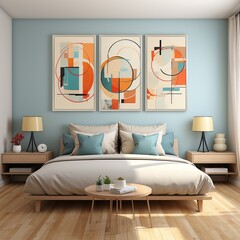 A cozy bedroom with a vibrant pastel color palette, cozy furniture, and unique artwork adorning the...