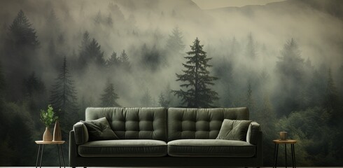 Generative AI, Interior design with couch, sofa and wallpaper of fir forest beautiful landscape in hipster vintage retro style, foggy mountains and trees.