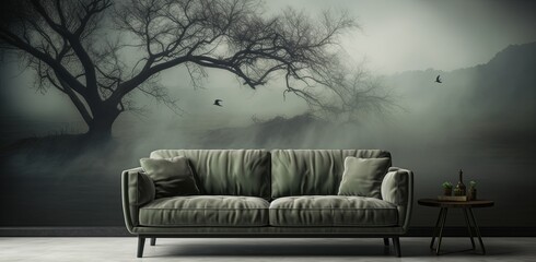 Generative AI, Interior design with couch, sofa and wallpaper of fir forest beautiful landscape in hipster vintage retro style, foggy mountains and trees.