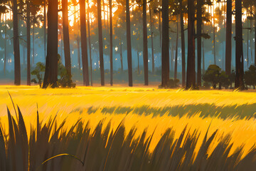 Illustration of a sunset in the woods, Generative Ai
