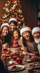 Obraz na płótnie Canvas Happy Asian family will spend Christmas at home