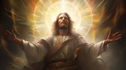 An awe-inspiring image of Jesus Christ, depicted with outstretched arms and a radiant halo, conveying love and compassion Generative AI