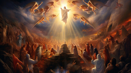 An awe-inspiring depiction of the Resurrection, with Jesus rising from the tomb, conquering death and offering salvation Generative AI