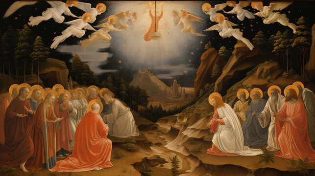 A captivating portrayal of the Annunciation to the Shepherds, with angels appearing to announce the birth of Jesus in a heavenly glow Generative AI