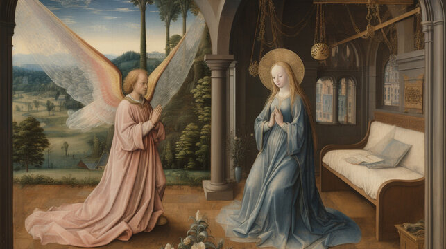 An enchanting image of the Annunciation, depicting the angel Gabriel appearing to Mary with the news of her divine pregnancy Generative AI