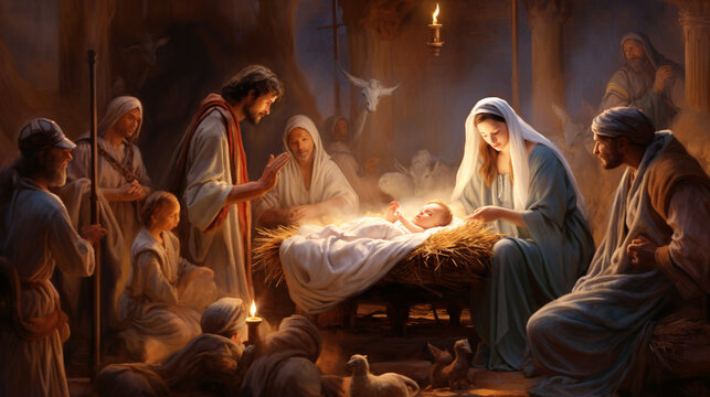 A captivating portrayal of the Nativity scene, with baby Jesus lying in the manger, surrounded by Joseph, Mary, and angels Generative AI