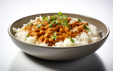 Rice with curry on white background. AI
