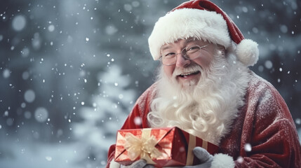 Photo of happy asian santa claus outdoors in snowfall with gift for kids. Chinese New Year and Christmas. Place for text.