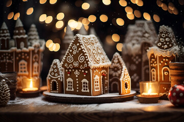 Festive Gingerbread Houses - Traditional Christmas Decoration - Generative AI - obrazy, fototapety, plakaty