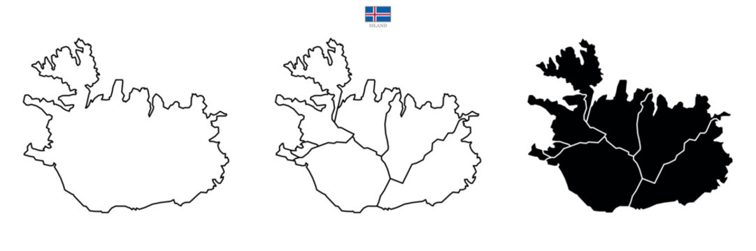 Three iceland vector maps with flag and state in color. Background map eps 10