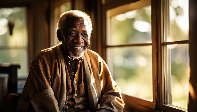 Elderly confident black man at home by the window with copy space