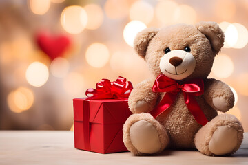 Adorable Brown Teddy Bear with Red Gift Box - Generative AI