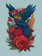 Illustration of a vibrant bird perched on a bed of blooming flowers