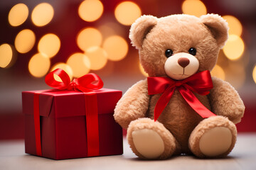 Adorable Brown Teddy Bear with Red Gift Box - Generative AI
