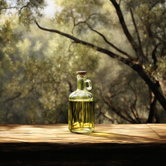 Obraz na płótnie Canvas A bottle of olive oil on a wooden table located between the olive forest.