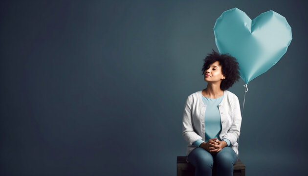 Romantic Reverie A Woman Awaits Love with a Blue Heart Balloon, Embracing a Bright Future