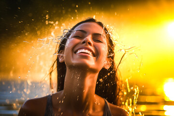Femme souriante, avec les cheveux mouillés, se baignant sous le soleil, et jouant avec les éclaboussures d'eau - Générative IA