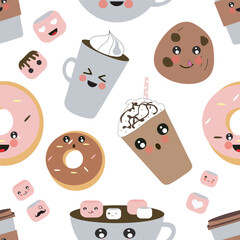 Seamless pattern. Coffee kawaii. Sweet world. Different options for coffee and donuts, cookies, muffin. Transparent background. Vector