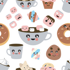 Seamless pattern. Coffee kawaii. Sweet world. Different options for coffee and donuts, cookies, muffin. Transparent background. Vector