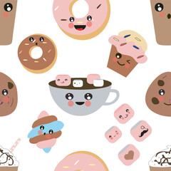 Seamless pattern. Coffee kawaii. Sweet world. Different options for coffee and donuts, cookies, muffin. Transparent background. Vector