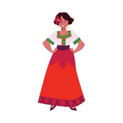 Mexican woman in long traditional dress decorated with roses, vector beautiful lady flower in head, national flamenco