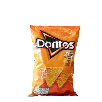  Pack of potato chips Doritos on white background, made for Belgium