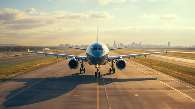 Front view of a modern large civil plane landed on the runway at the airdrome. City landscape behind