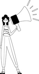 The daughter is holding a bullhorn . hour concept . black and white analogue vogue. Trendy style, Vector Illustration