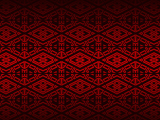 High contrast red and black glossy stripes background. Luxurious batik ornament. Abstract technology graphic banner design. Vector corporate background.