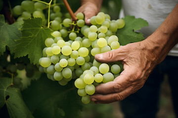 Obraz premium Farmer Handpicking Ripe Fresh White Grapes - Generative AI
