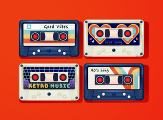 VHS Cassette. 3d vector of awesome super hits old tapes with rock, retro and love theme. 80s, 90s style, outdated technology and music concepts