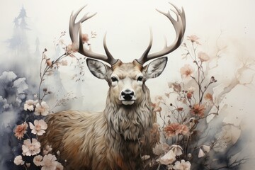Deer, branches and flowers. Beautiful illustration picture. Generative AI