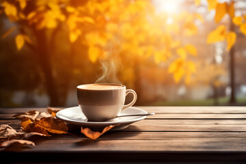Obraz premium Warm Cup of Coffee with Fall Leaves - Generative AI