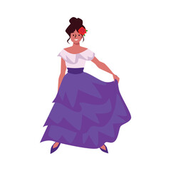 Fototapeta premium Mexican woman in long traditional dress, white top blue wavy bottom, vector beautiful lady with flower in head, flamenco