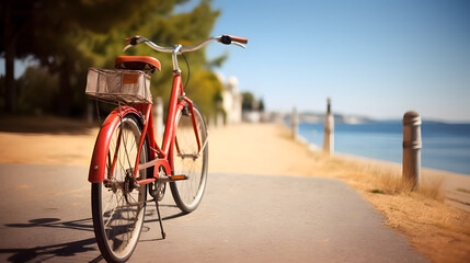 Un vélo garé au bord de mer sur un chemin. - obrazy, fototapety, plakaty