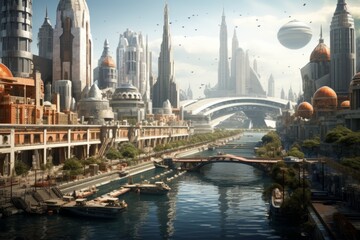 Futuristic city with river. Beautiful illustration picture. Generative AI