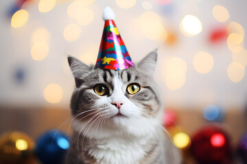 Joyful Festive Cat with Party Hat - Generative AI