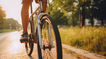Gros plan sur une femme en train de faire du vélo à la campagne sur une piste cyclable. - obrazy, fototapety, plakaty