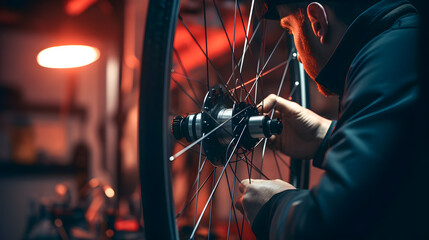 Un mécanicien en train de réparer un vélo. - obrazy, fototapety, plakaty